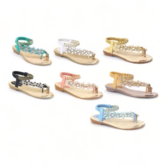 RESTOCK! Italina Sleek Black Vinyl Floral Rhinestone Embellished Toe Ring Sandal - Picture 11 of 12